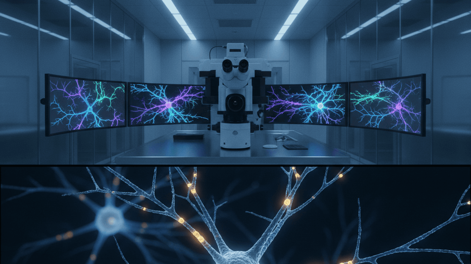 A photo-realistic visualization of active and silent synapses on a neuron displayed on a laboratory monitor.