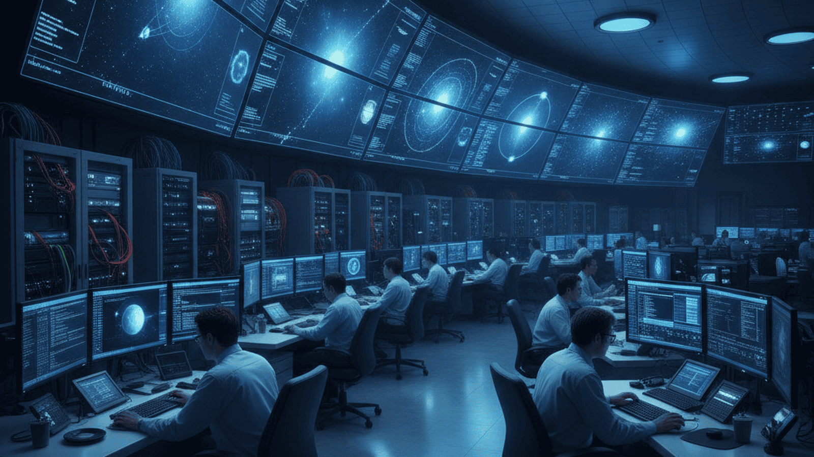 A high-tech NASA research facility with scientists using supercomputers and large data displays to analyze exoplanet signals.