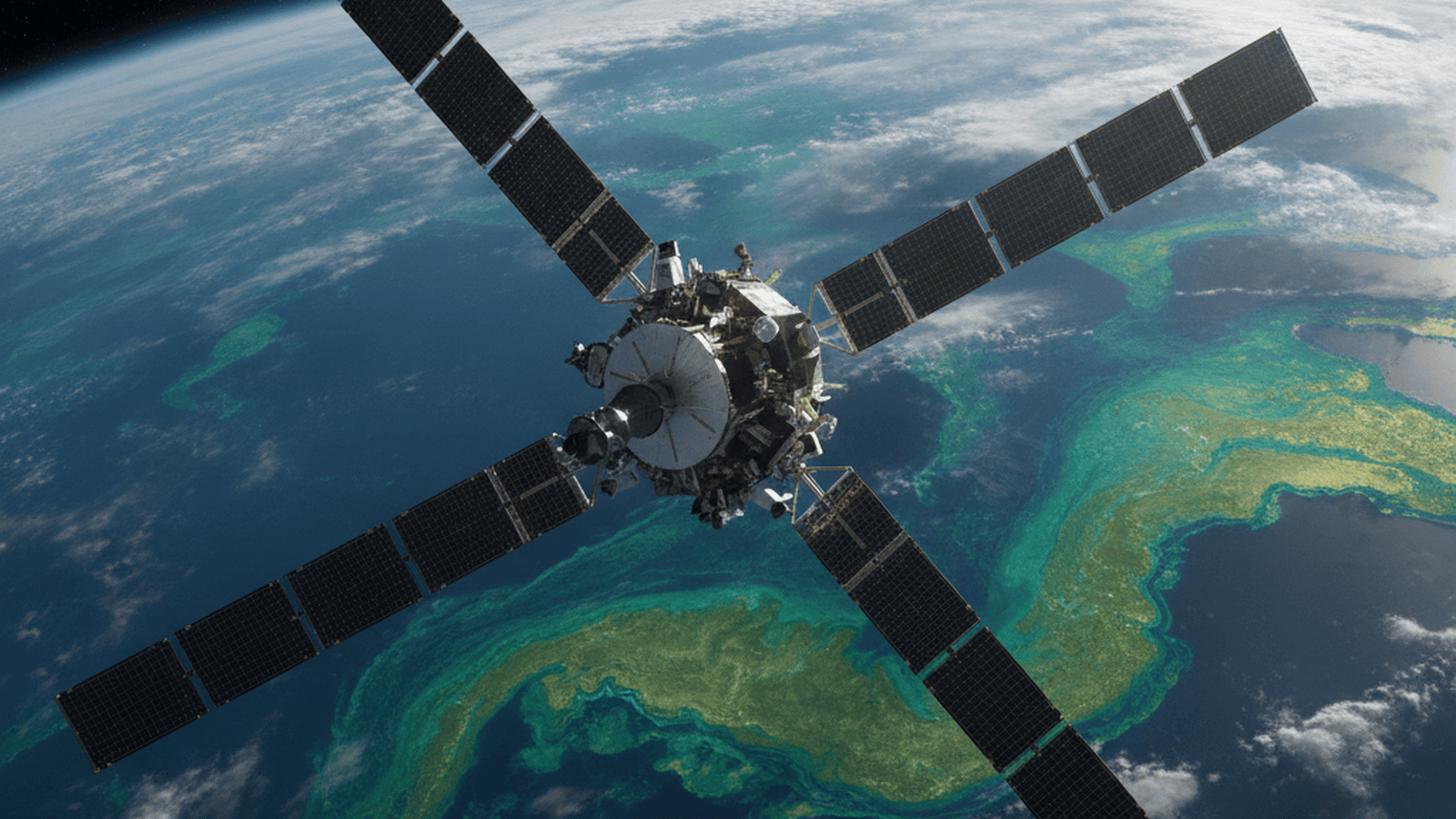 A satellite orbits Earth, capturing detailed hyperspectral images of ocean color and atmospheric particles.