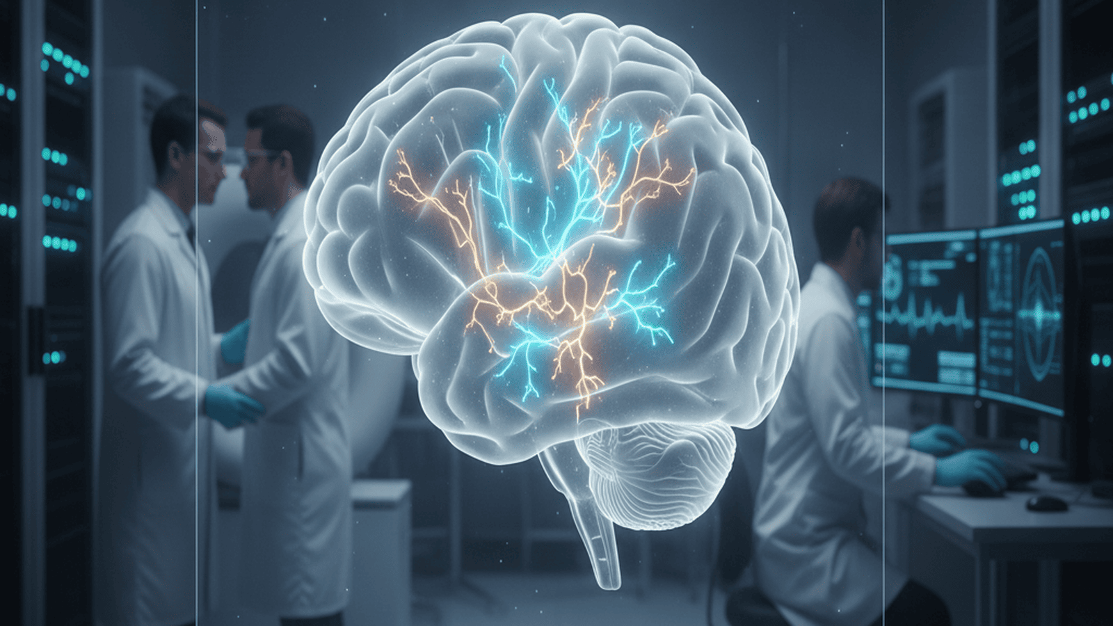 A digital 3D model of a human brain with highlighted neural circuits in the amygdala displayed in a modern laboratory.