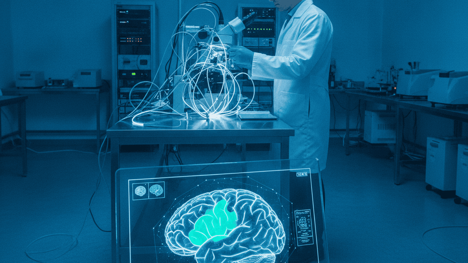A digital 3D brain model with a highlighted neural circuit on a monitor in a modern neuroscience laboratory.