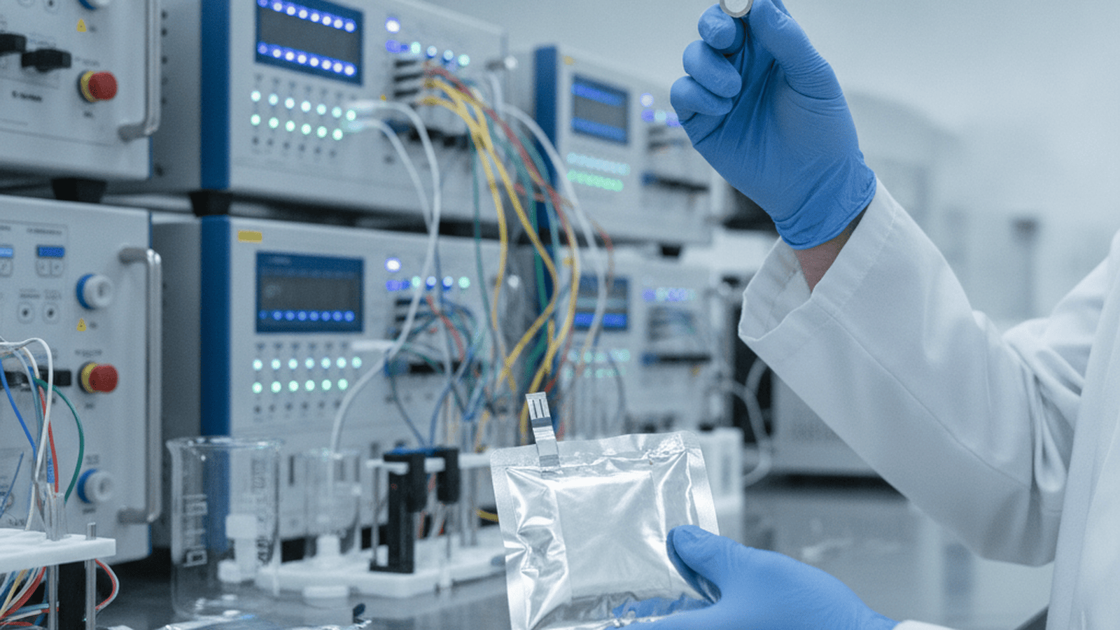 A scientist in a laboratory holding a prototype sodium-sulfur battery cell next to testing equipment.