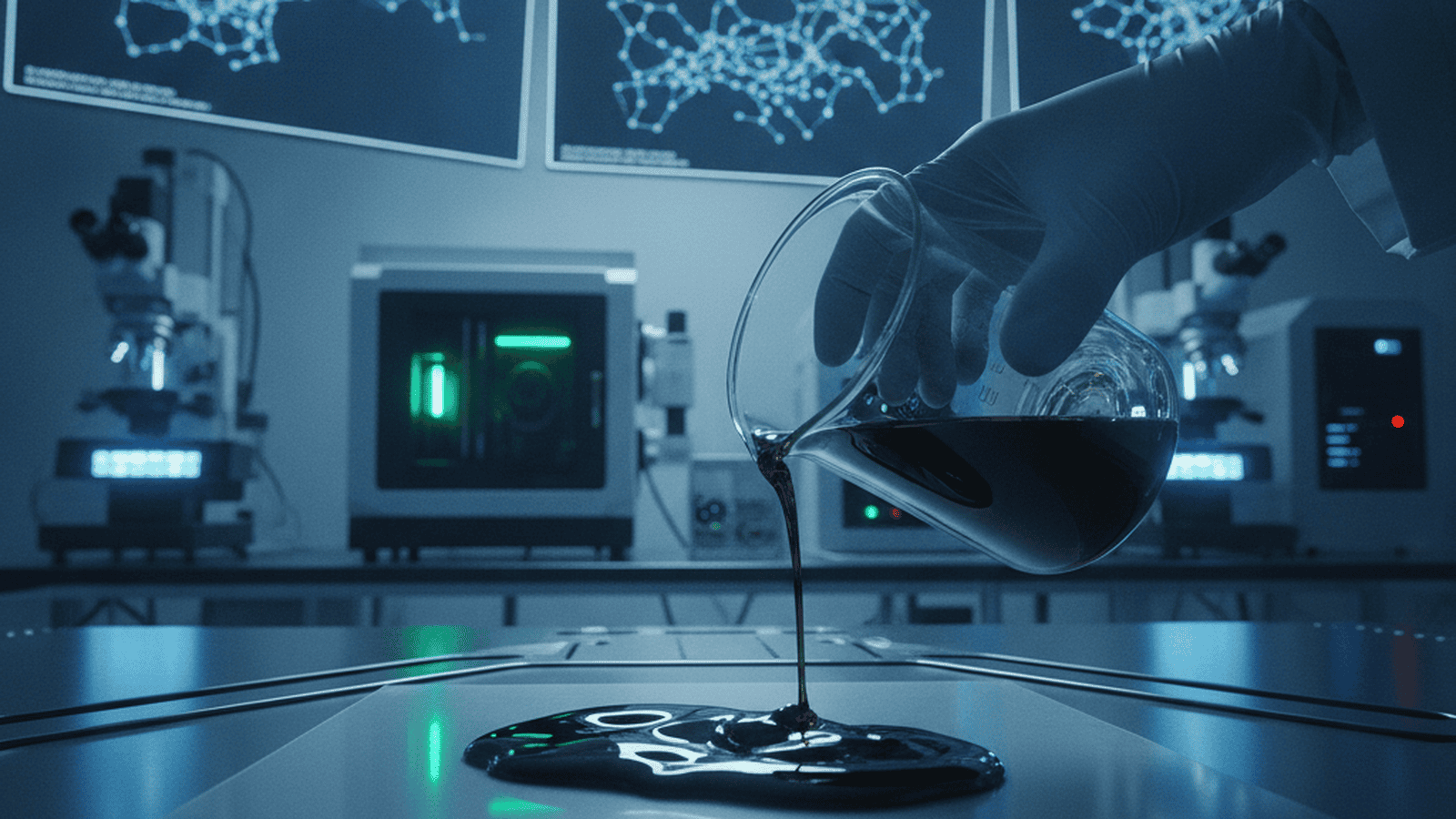 A laboratory scene showing a dark conductive material being tested on a flexible surface.