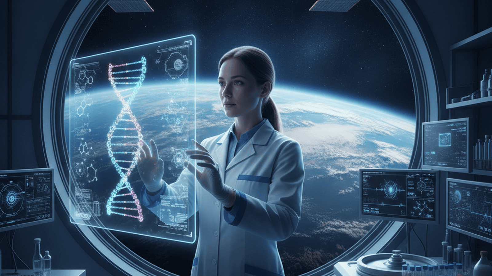 A scientist analyzes genetic data in a space-based medical laboratory overlooking Earth.