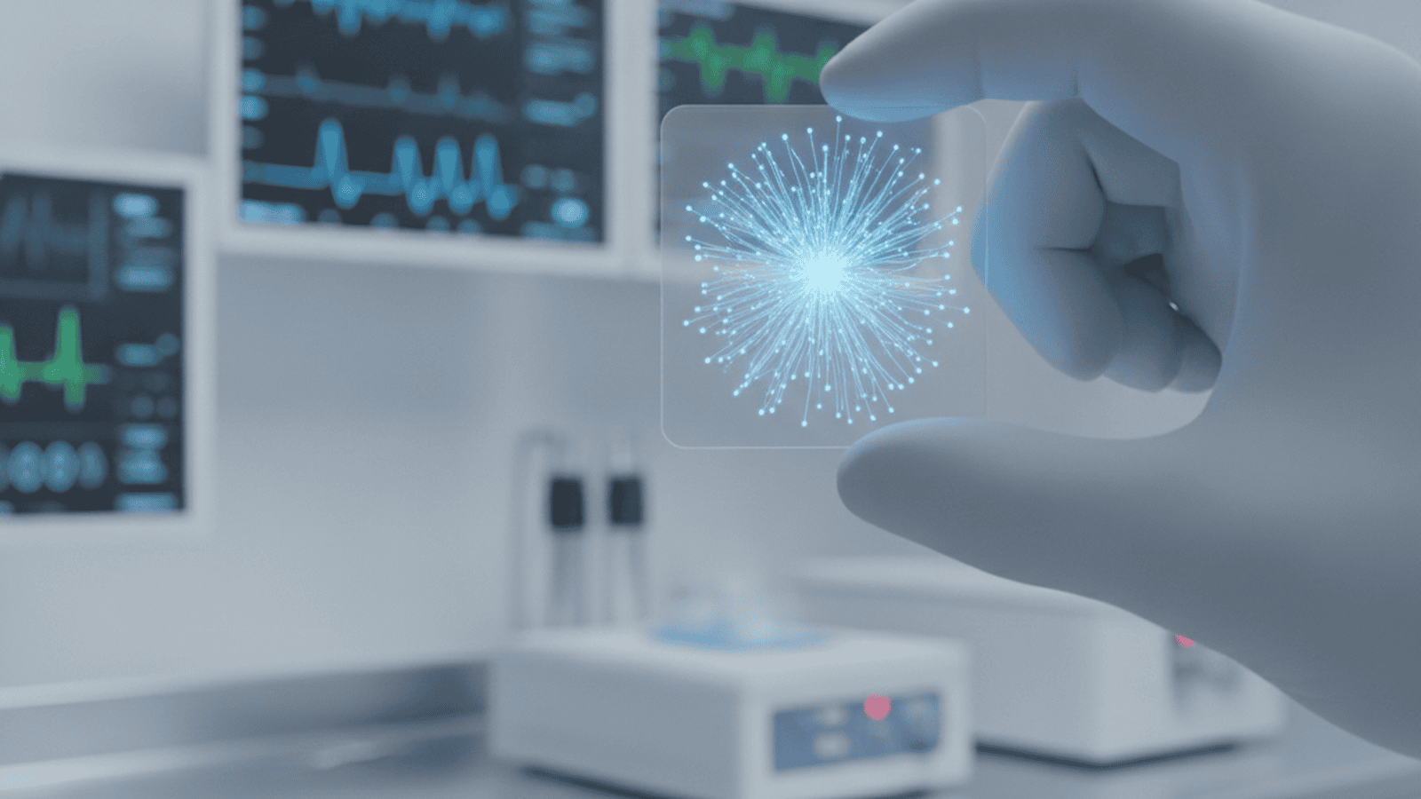 A close-up of a flexible medical sensor patch featuring glowing protein nanowires in a sterile laboratory.