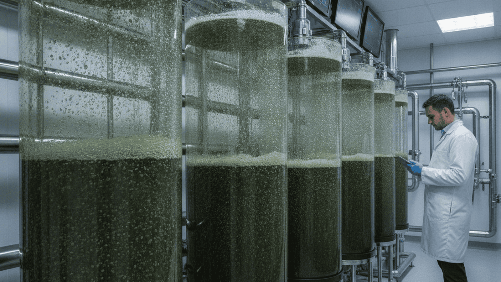 science-windfall-bio-methane-mitigation-microbes-a3720352 A laboratory technician monitors modular bioreactors used to convert methane gas into organic fertilizer using specialized bacteria.