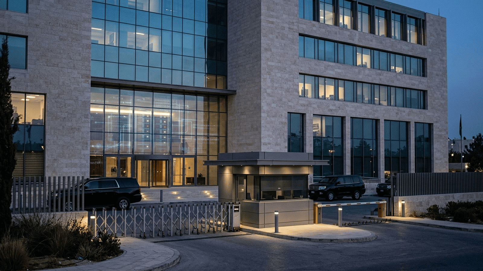 A government building and security checkpoint represent the reported detention in Jordan and the cross-border investigation.
