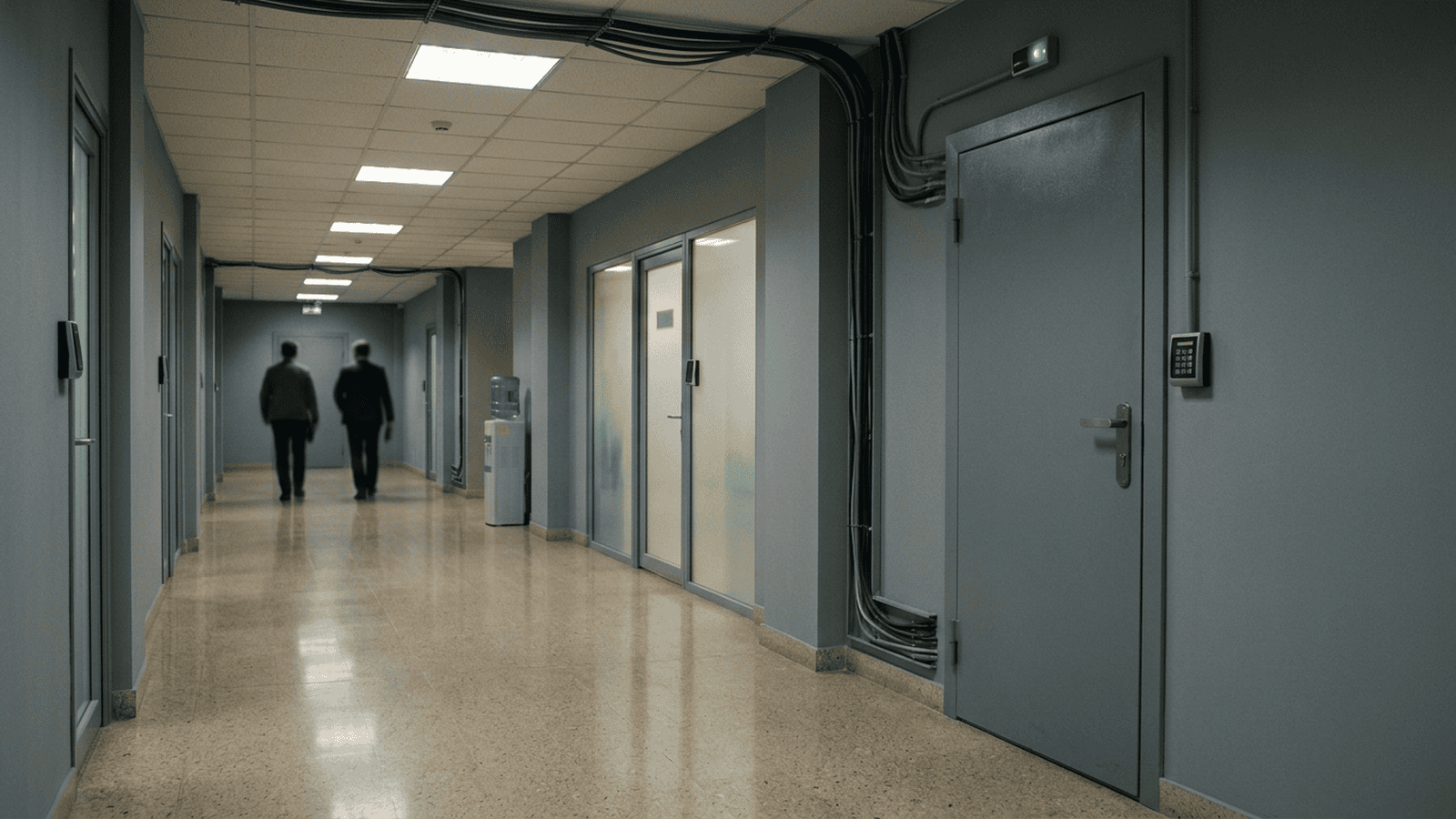 A secure government corridor outside a server room represents the FBI investigation into alleged ShinyHunters activity.