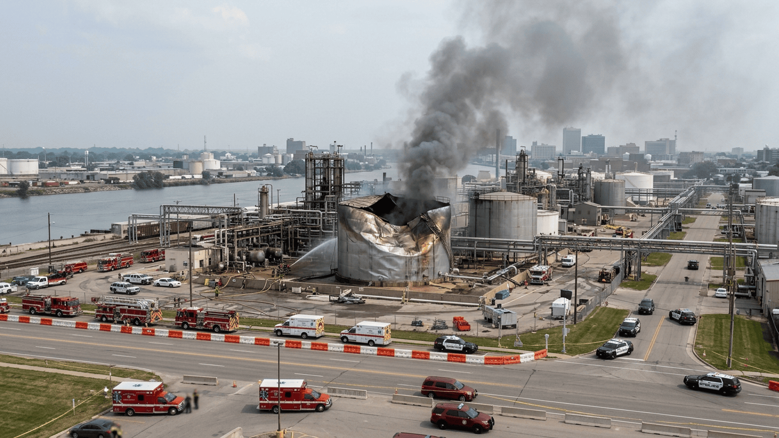 0a81cf6d64987b89a68c19271f13f5b90eee24d979480f3acc236d42bad23e78 A distant industrial tank site is surrounded by an emergency perimeter after an explosion in Toledo.