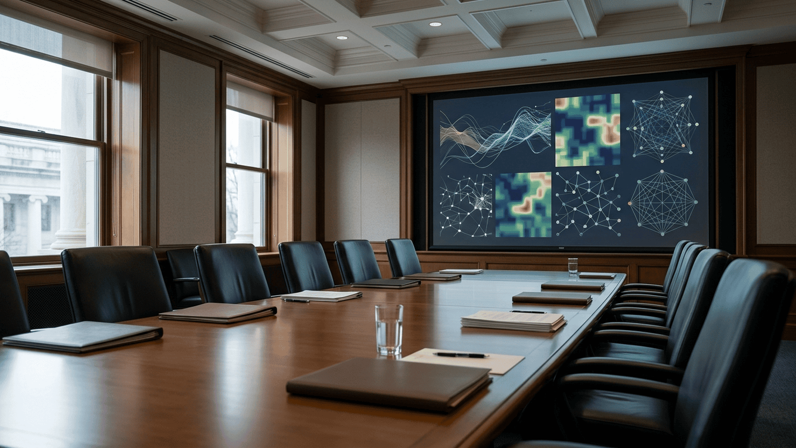 An empty government briefing room has a digital display with abstract data patterns and folders on a conference table.