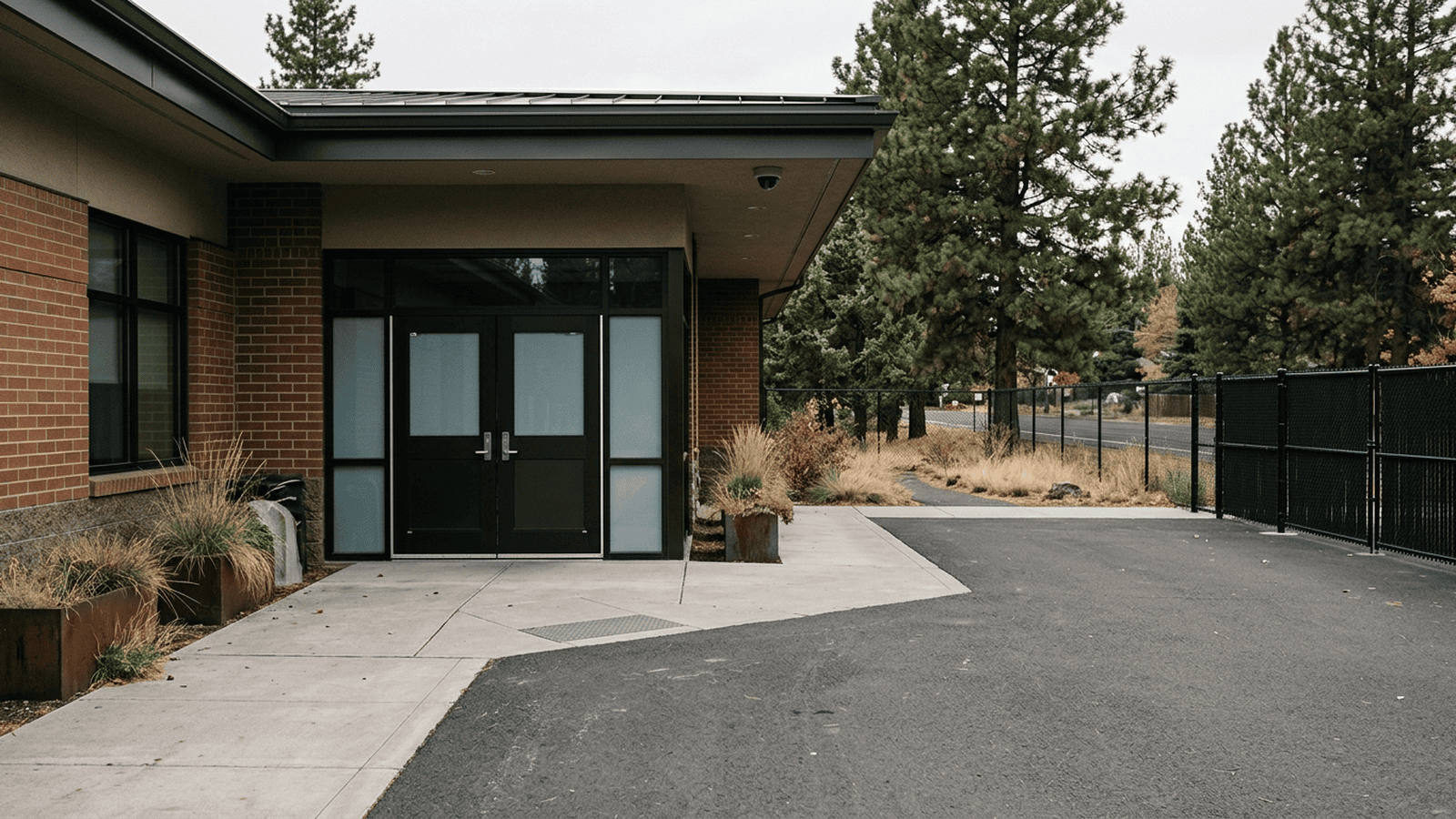 An empty elementary school entrance with locked doors, a security camera and fencing.