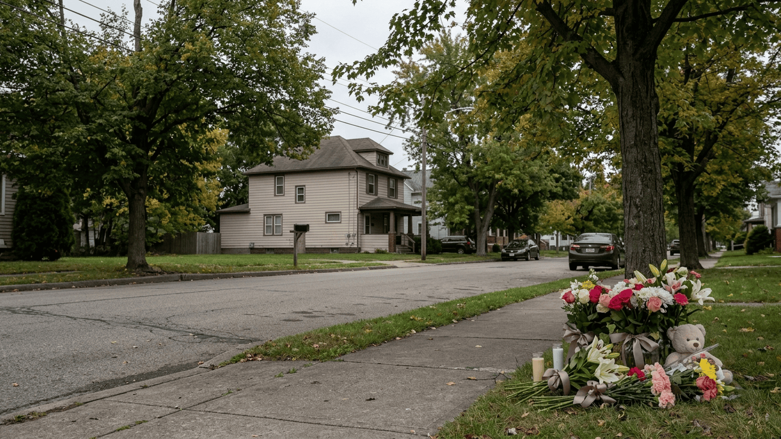 Flowers sit near a quiet residential street in Erie, Pennsylvania, as police investigate a fatal shooting.