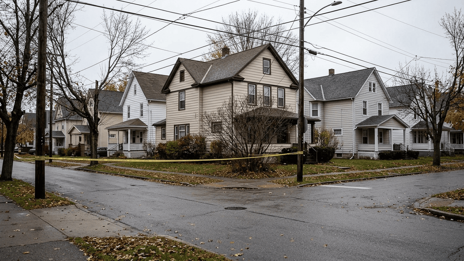 A quiet residential street in Erie with police tape in the foreground.