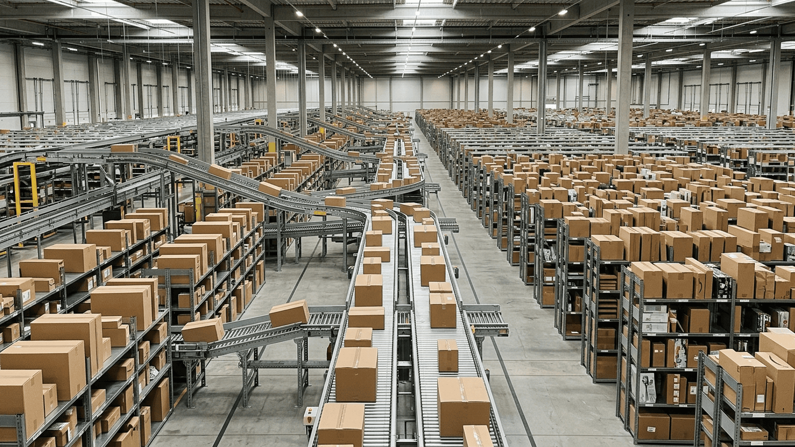 Unmarked boxes move along a conveyor through a brightly lit distribution center.