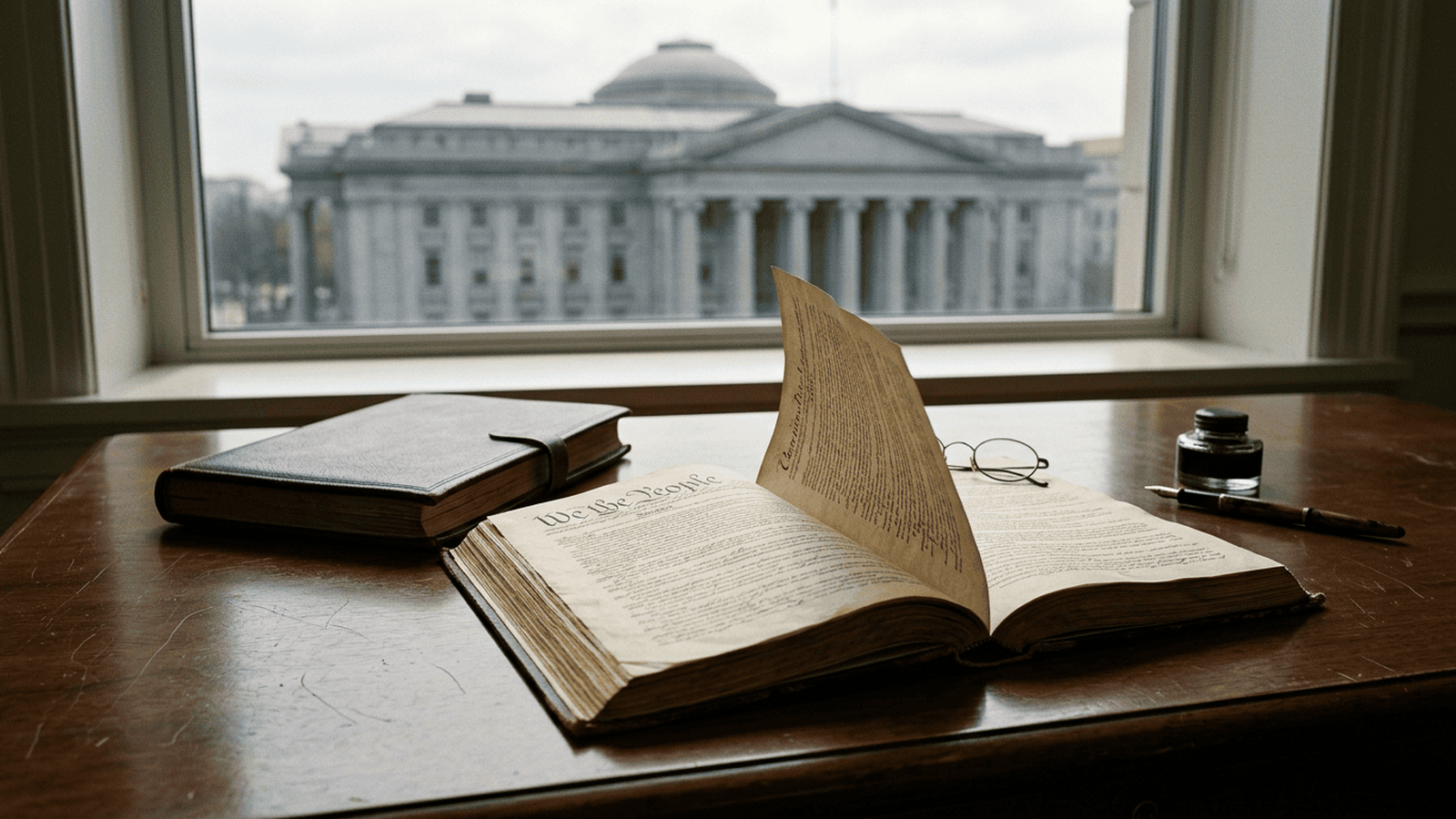 An open copy of the Constitution rests beside a closed ledger with a government building in the background.