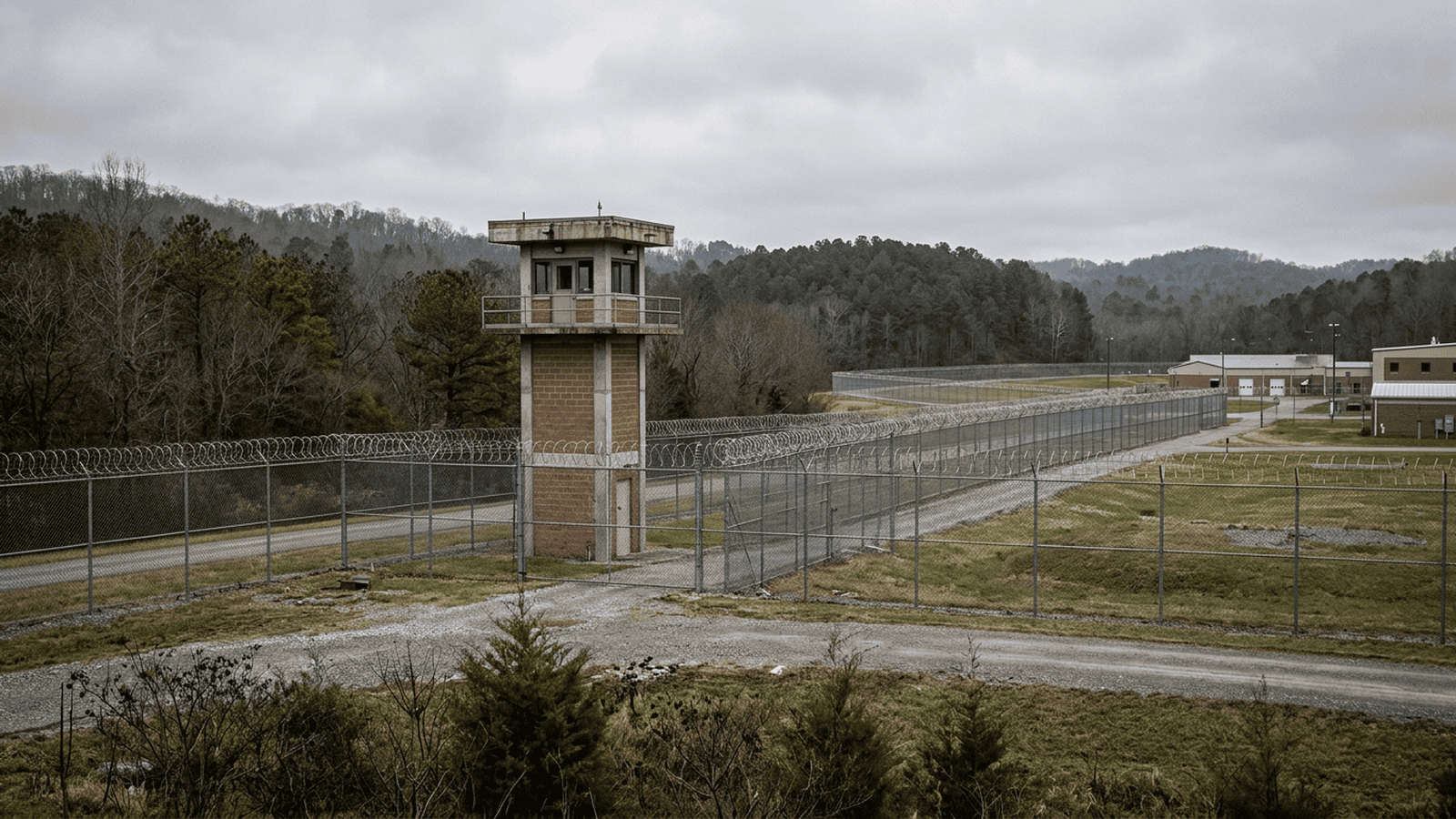 182ff901afe52a12f569a5fecf73a234b96bc86055feefbb386393cc215bf353 A prison perimeter fence and watchtower stand beside a rural landscape.