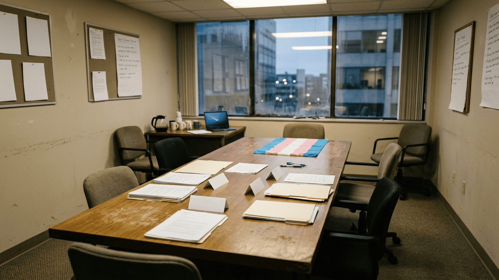 A campaign meeting room contains papers, blank name cards and a folded trans pride flag.