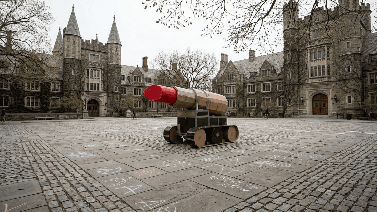 A cardboard lipstick sculpture stands on a university plaza marked with chalk drawings.