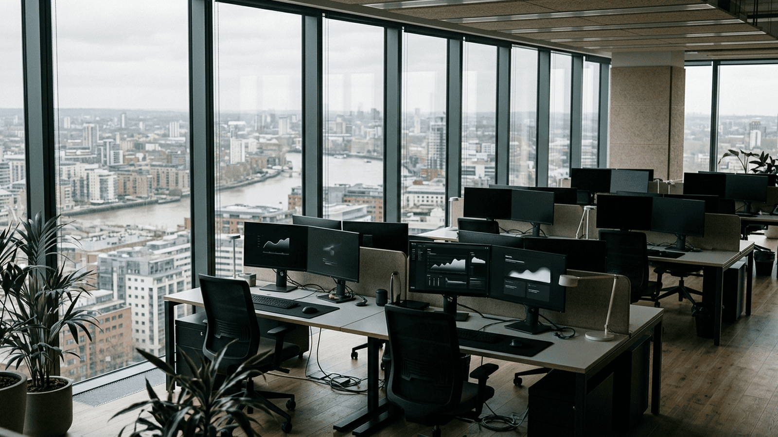 1cad93812d71b2ddf3449044485d57b53f9d19d1fe79cabe7a10fc616e3169ff An empty modern office workspace represents Netflix’s planned workforce reductions.