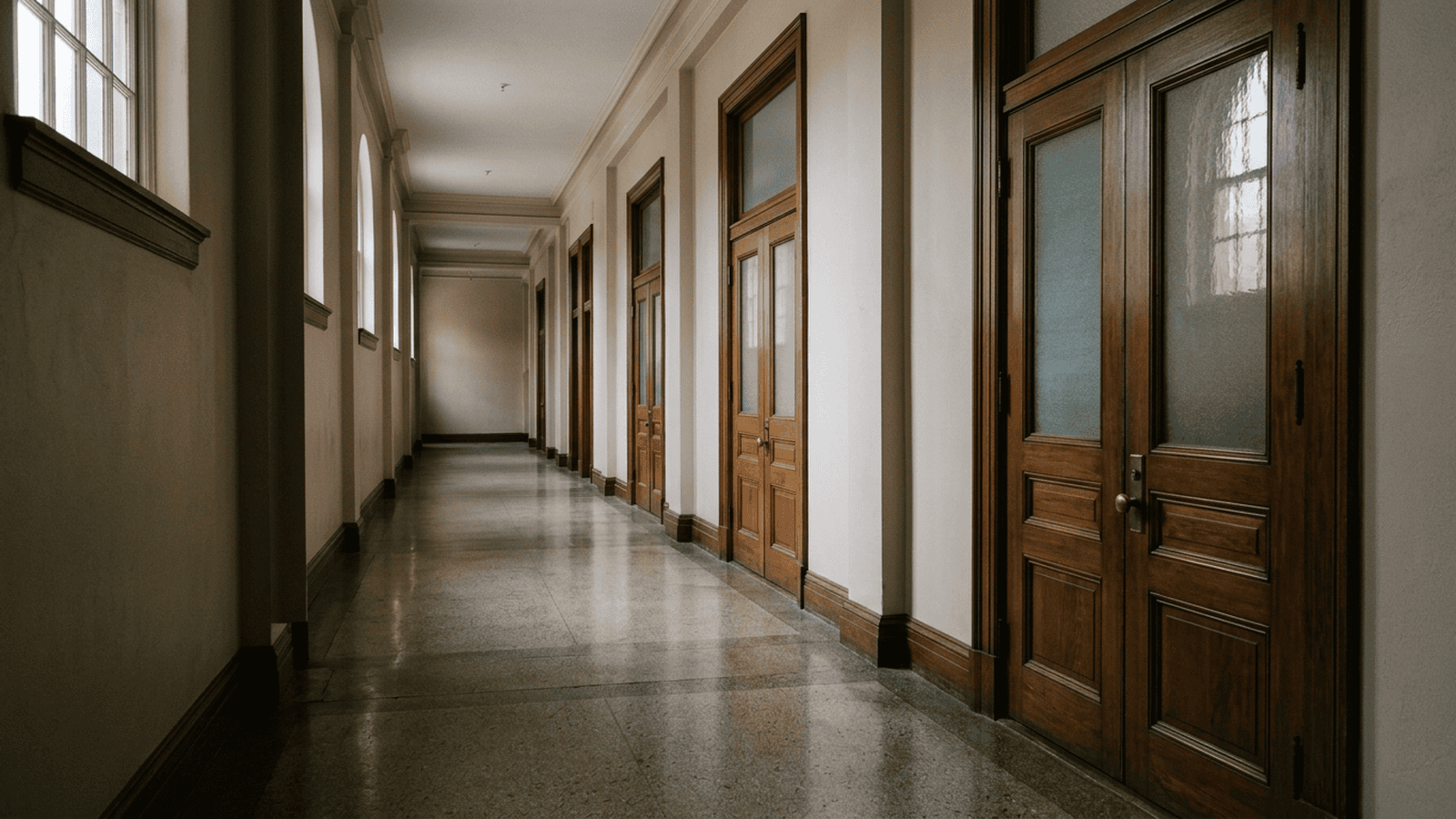 An empty courthouse corridor with closed courtroom doors and daylight from high windows.