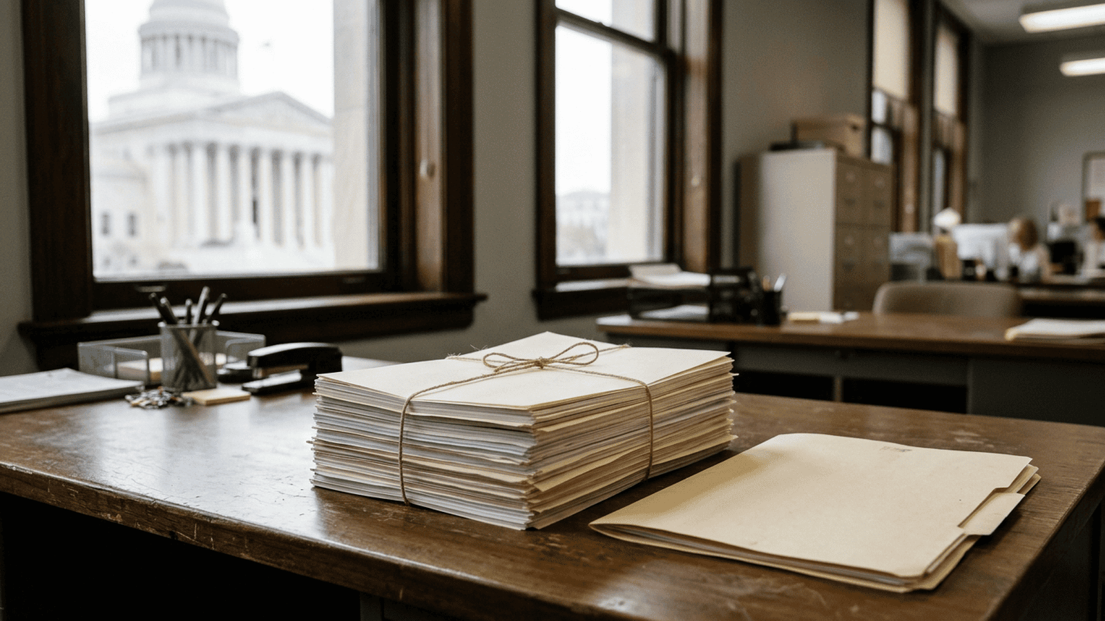 Student loan documents sit on a desk near a window overlooking a courthouse.