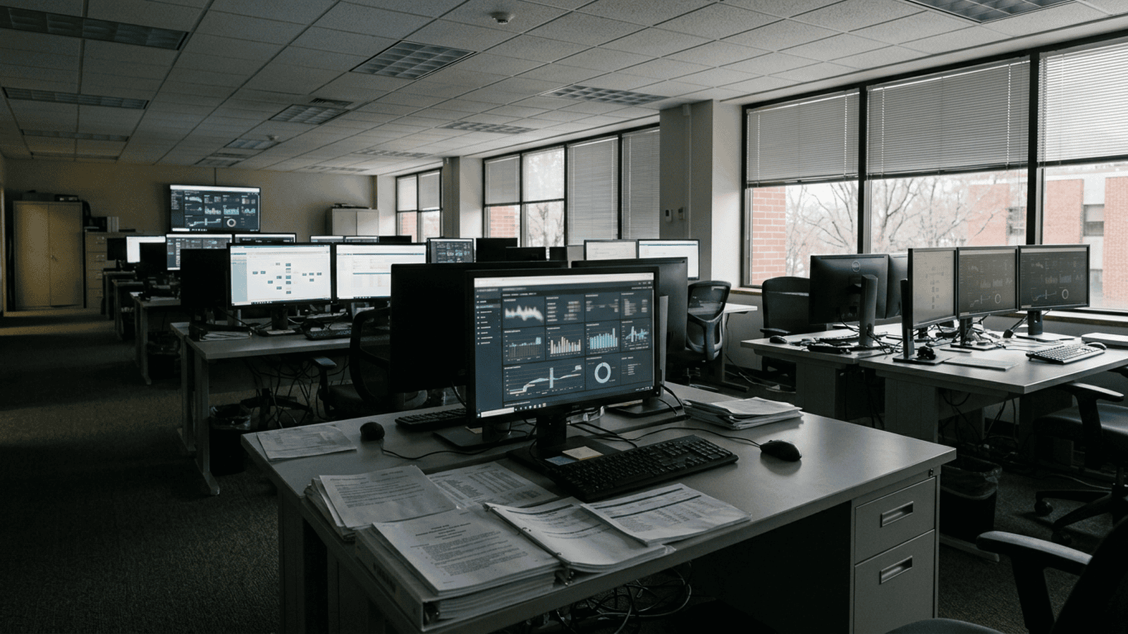 A government computer operations room represents the systems and contracts involved in Medicaid eligibility oversight.