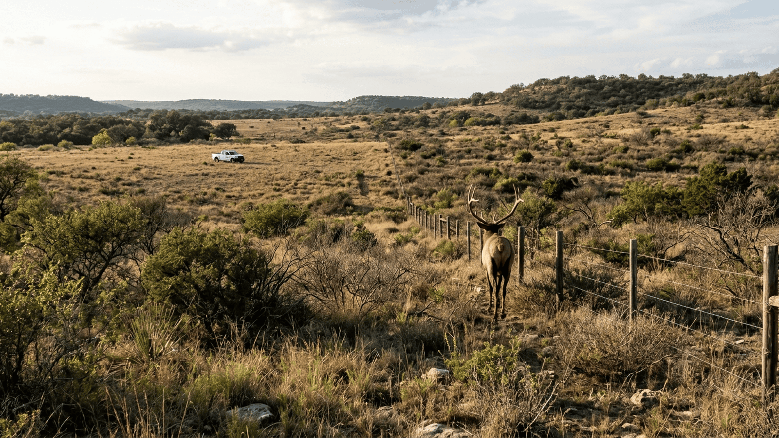 An elk stands in the distance on a Texas game ranch landscape near a fence and a wildlife monitoring vehicle.