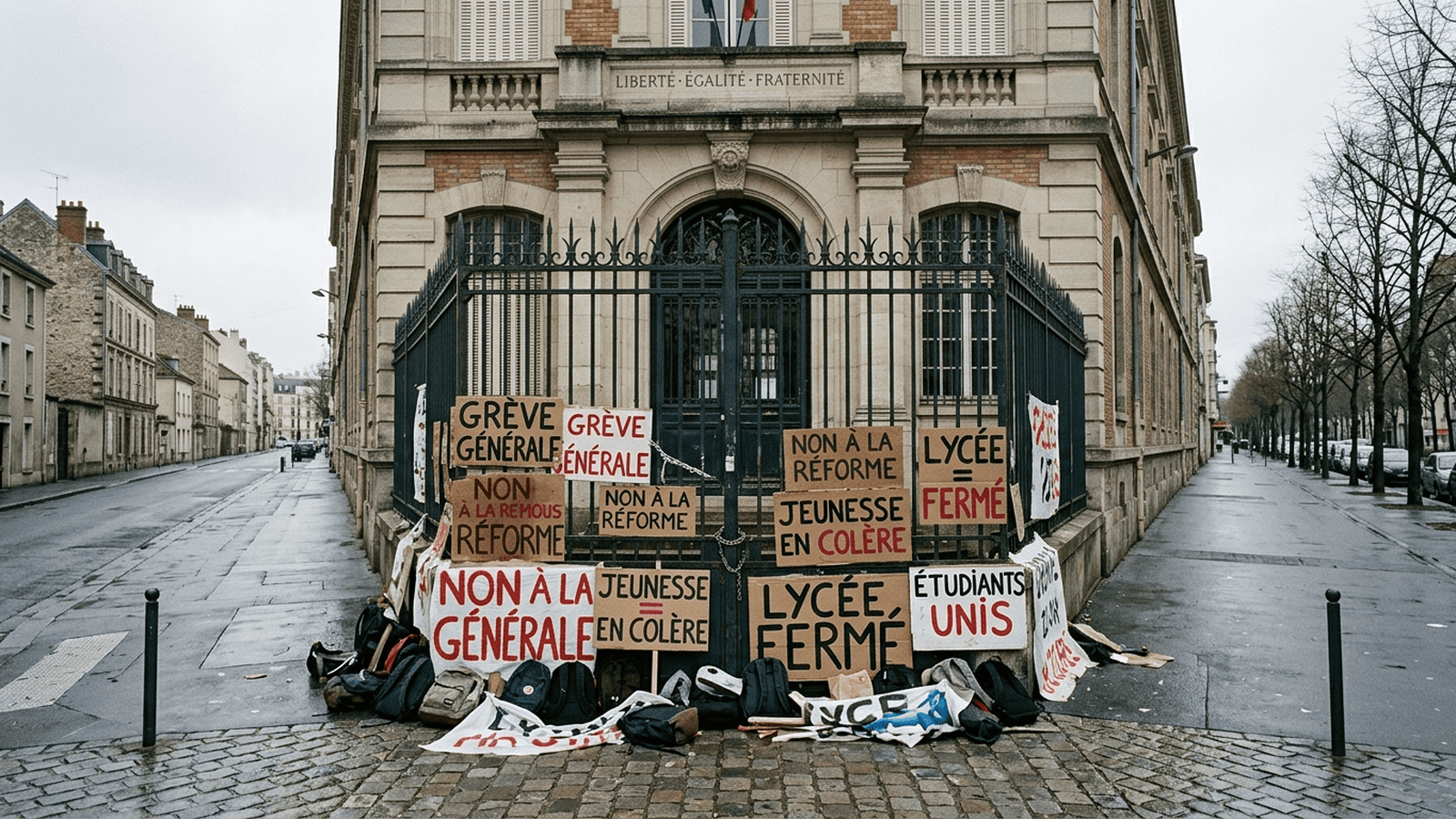 Protest signs rest against the closed entrance of a French high school.