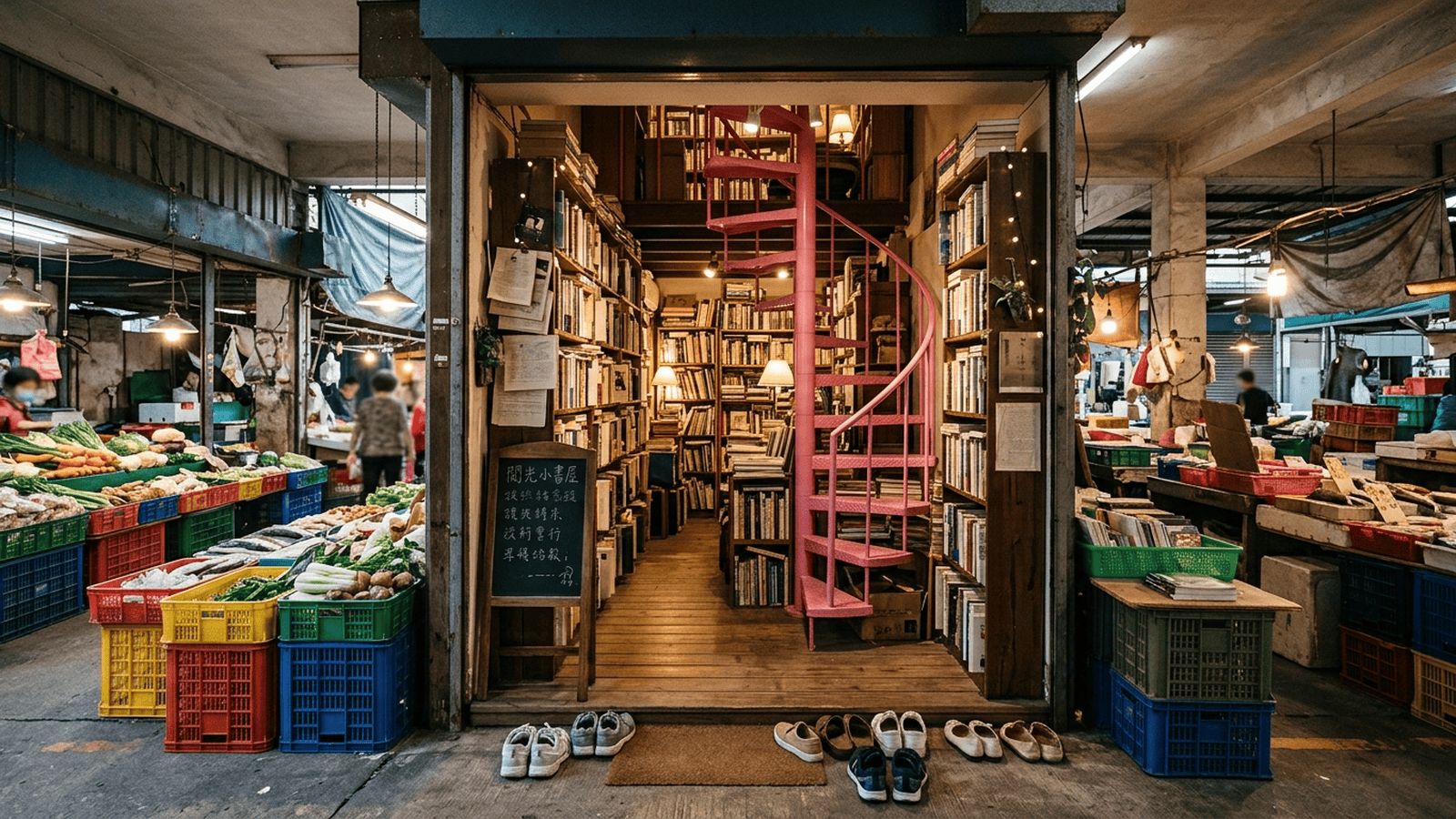 A narrow independent bookstore with crowded shelves sits inside an indoor market in Taichung.