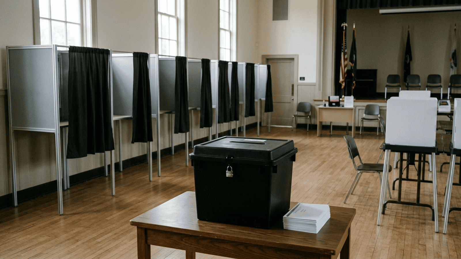 An empty polling place with voting booths and a ballot box.