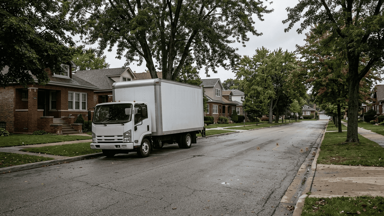 A quiet suburban street with a delivery truck represents the scene of the fatal shooting in Franklin Park.