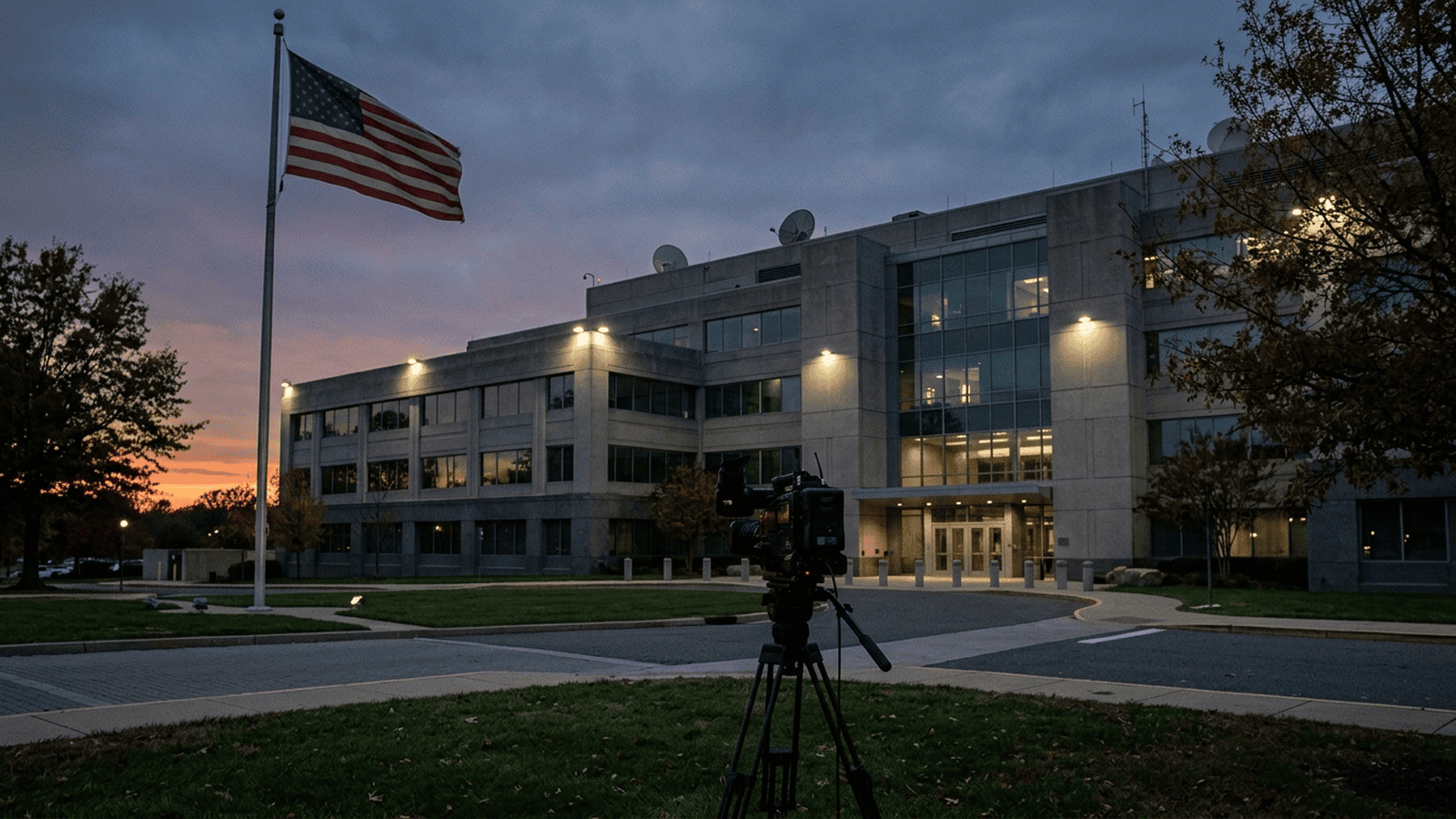 A closed broadcast camera stands outside a government defense building beneath an American flag.