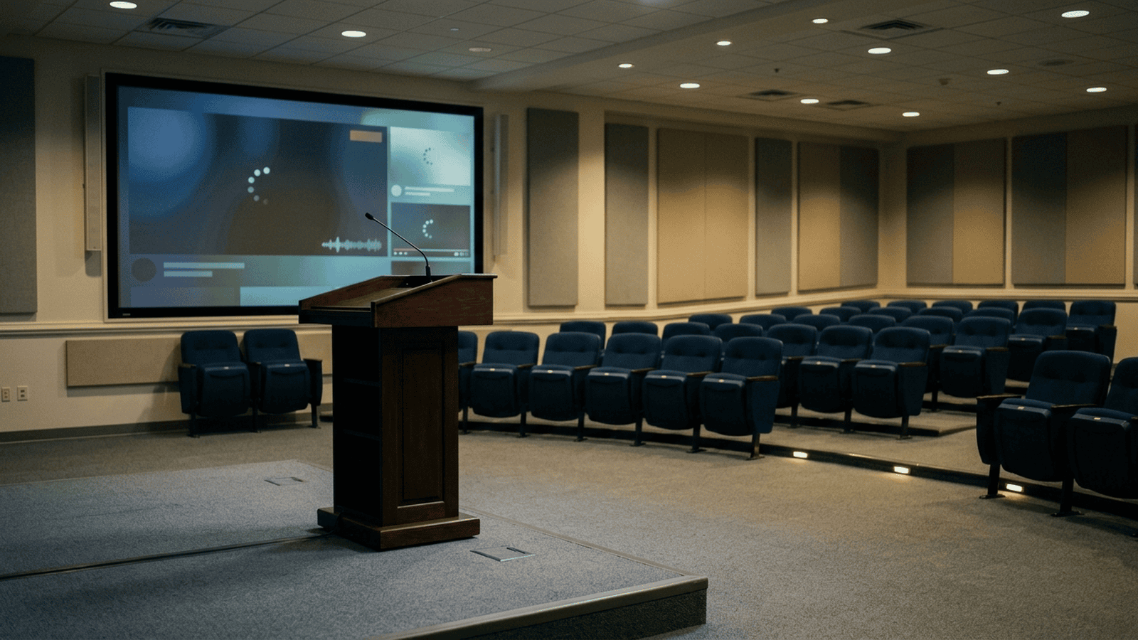 An empty government briefing room with a lectern and a blank display evokes the pending Pentagon decision on a planned execution livestream.