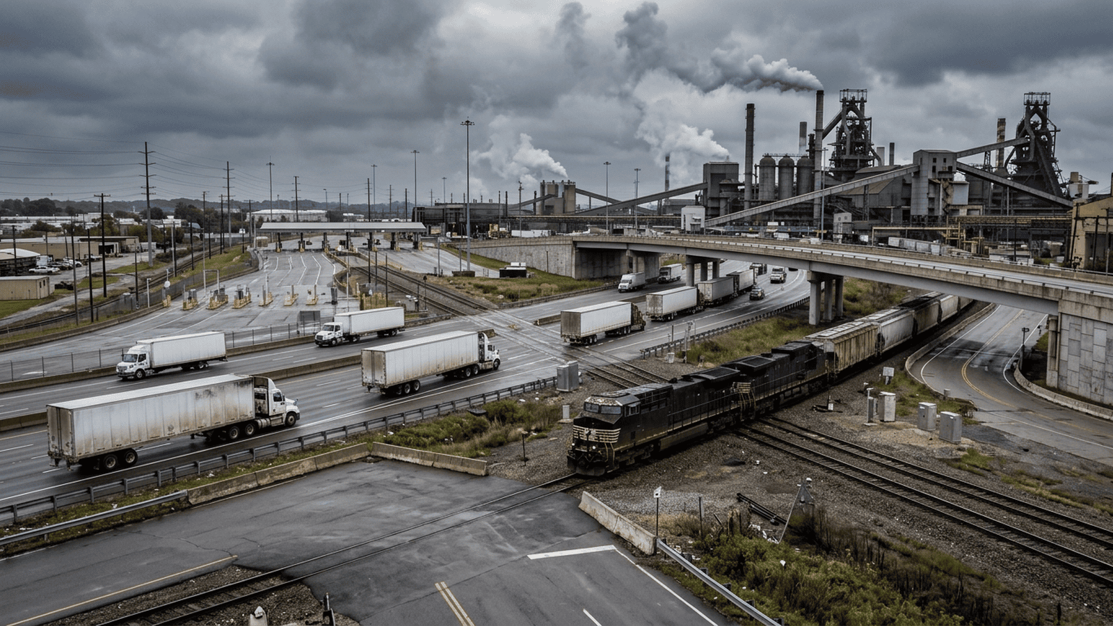 Freight trucks and rail cars pass an industrial steel plant, illustrating the U.S.-Canada trade dispute.