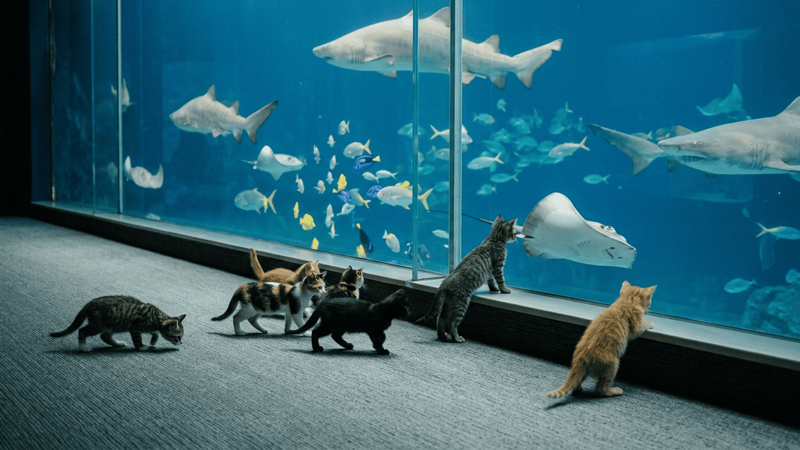 Rescue kittens watch fish through an aquarium window during a visit to Sea Life at the Mall of America.
