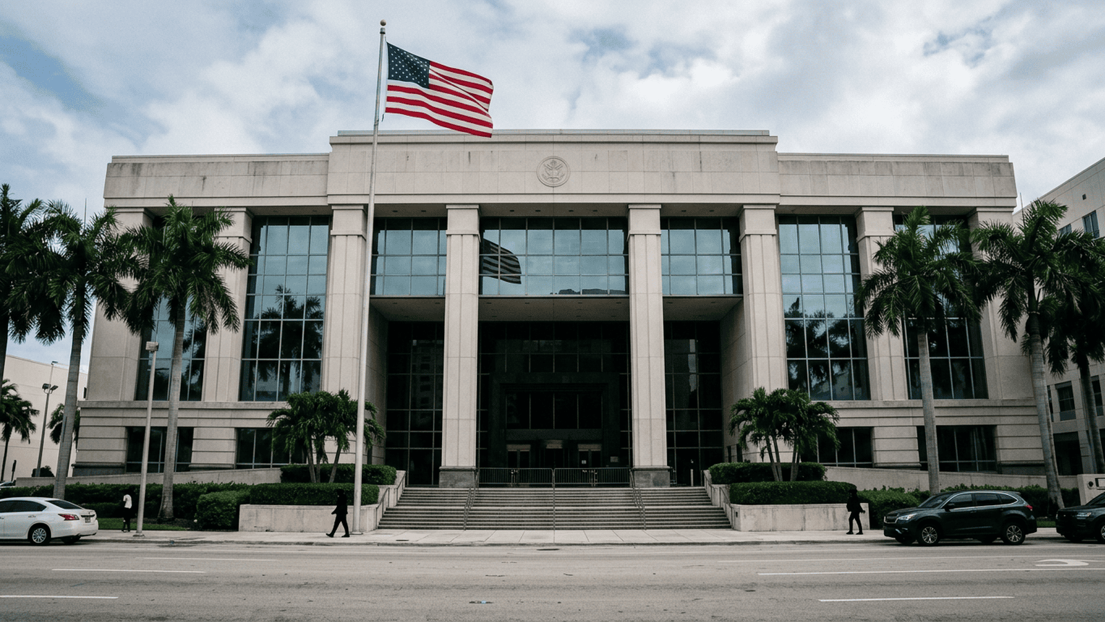 A U.S. flag stands outside a federal courthouse in Miami.