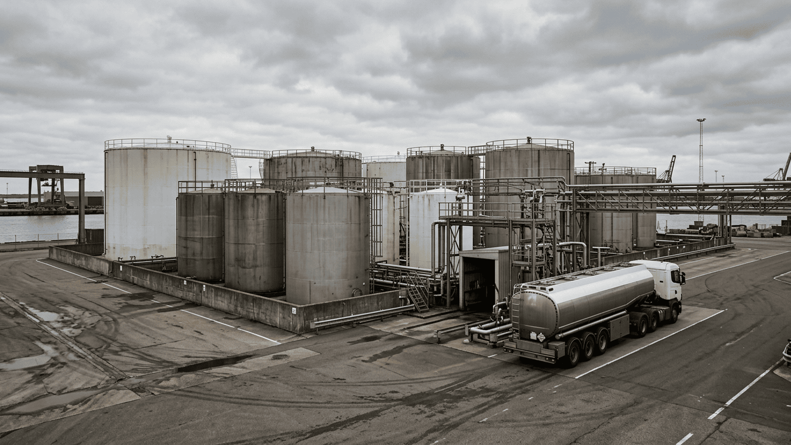 A diesel tanker sits beside fuel storage tanks at a port.