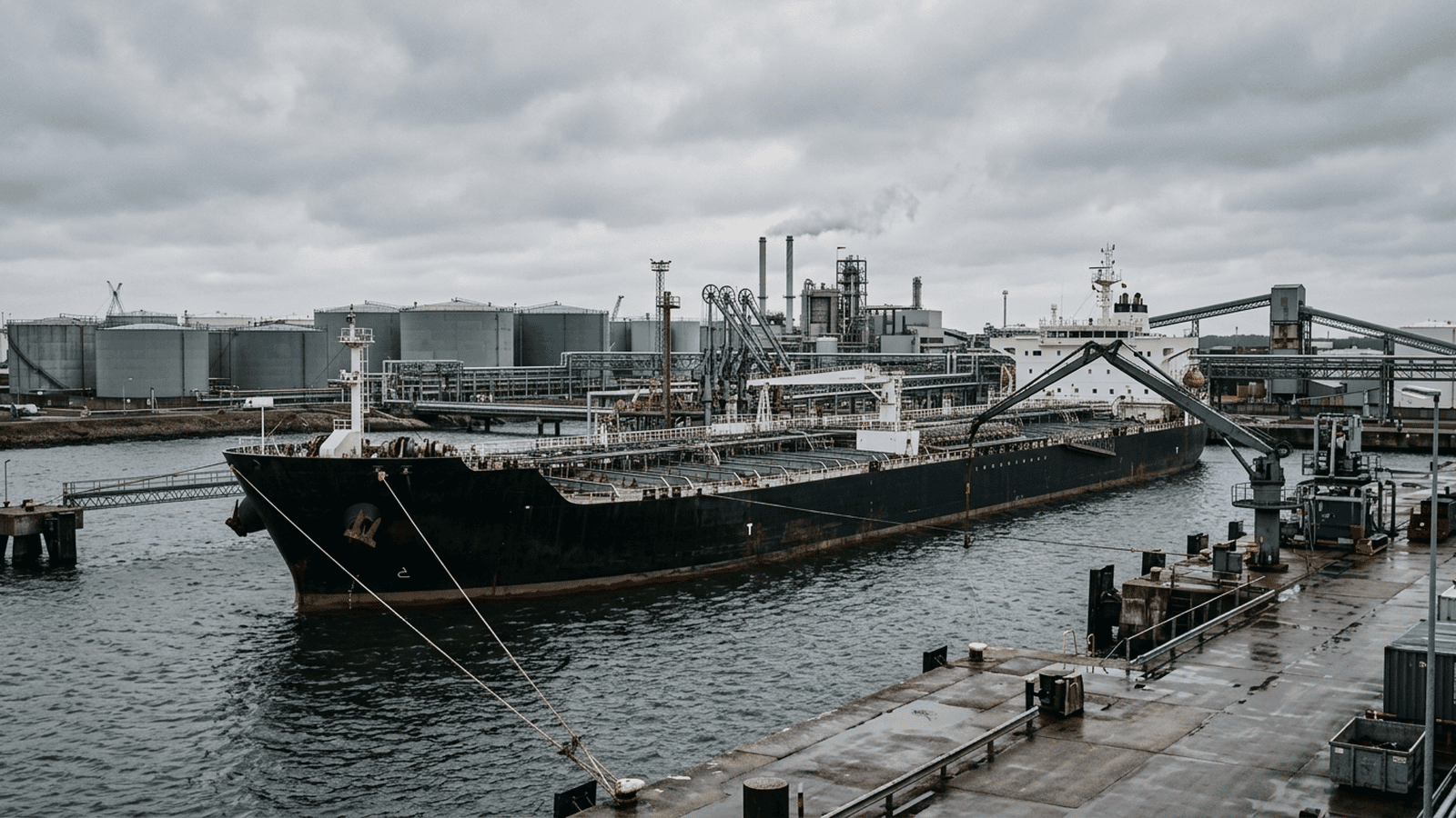 An oil tanker sits near fuel infrastructure at a commercial port beneath an overcast sky.