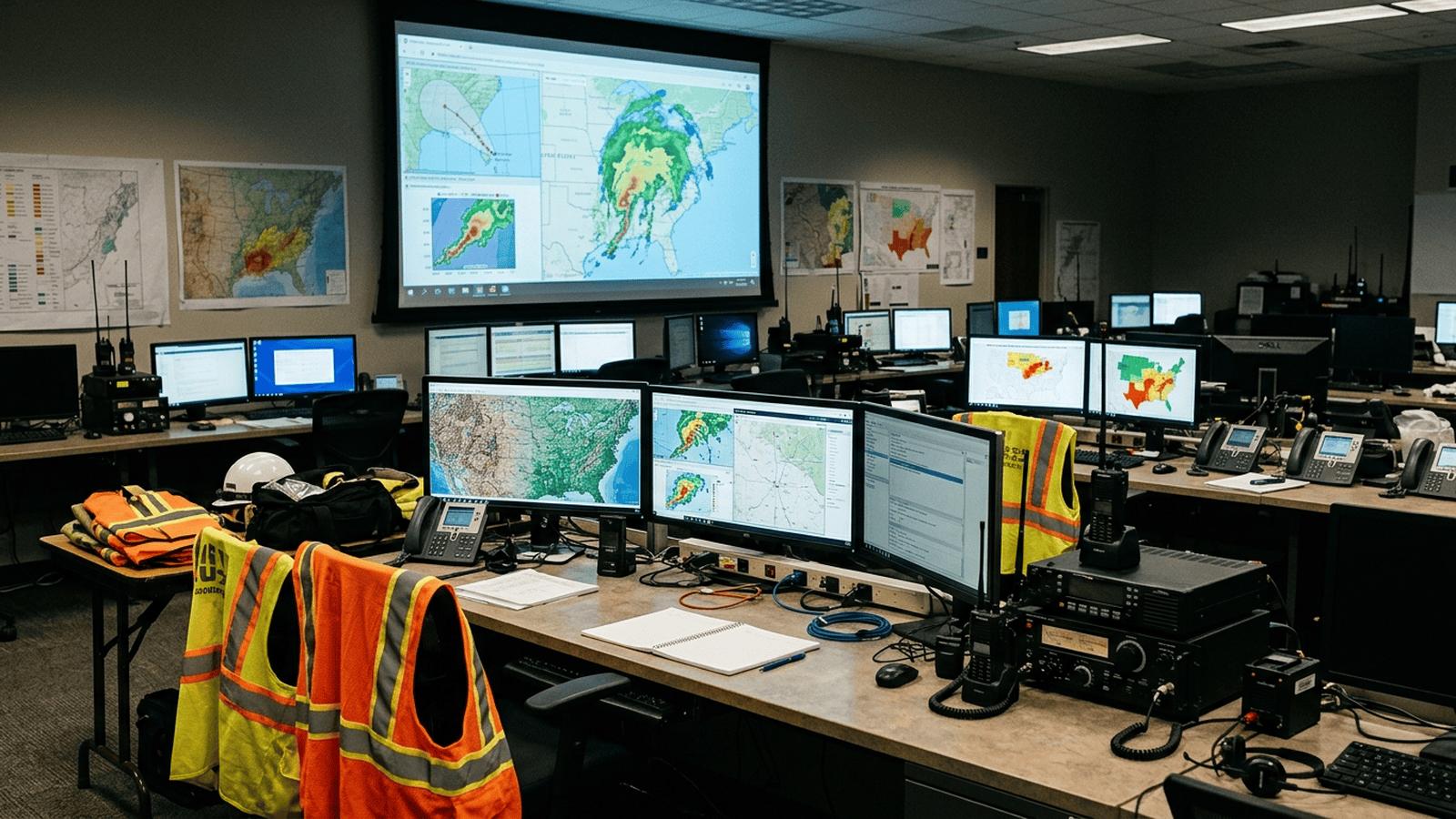 An emergency operations room displays storm tracking maps and response equipment.