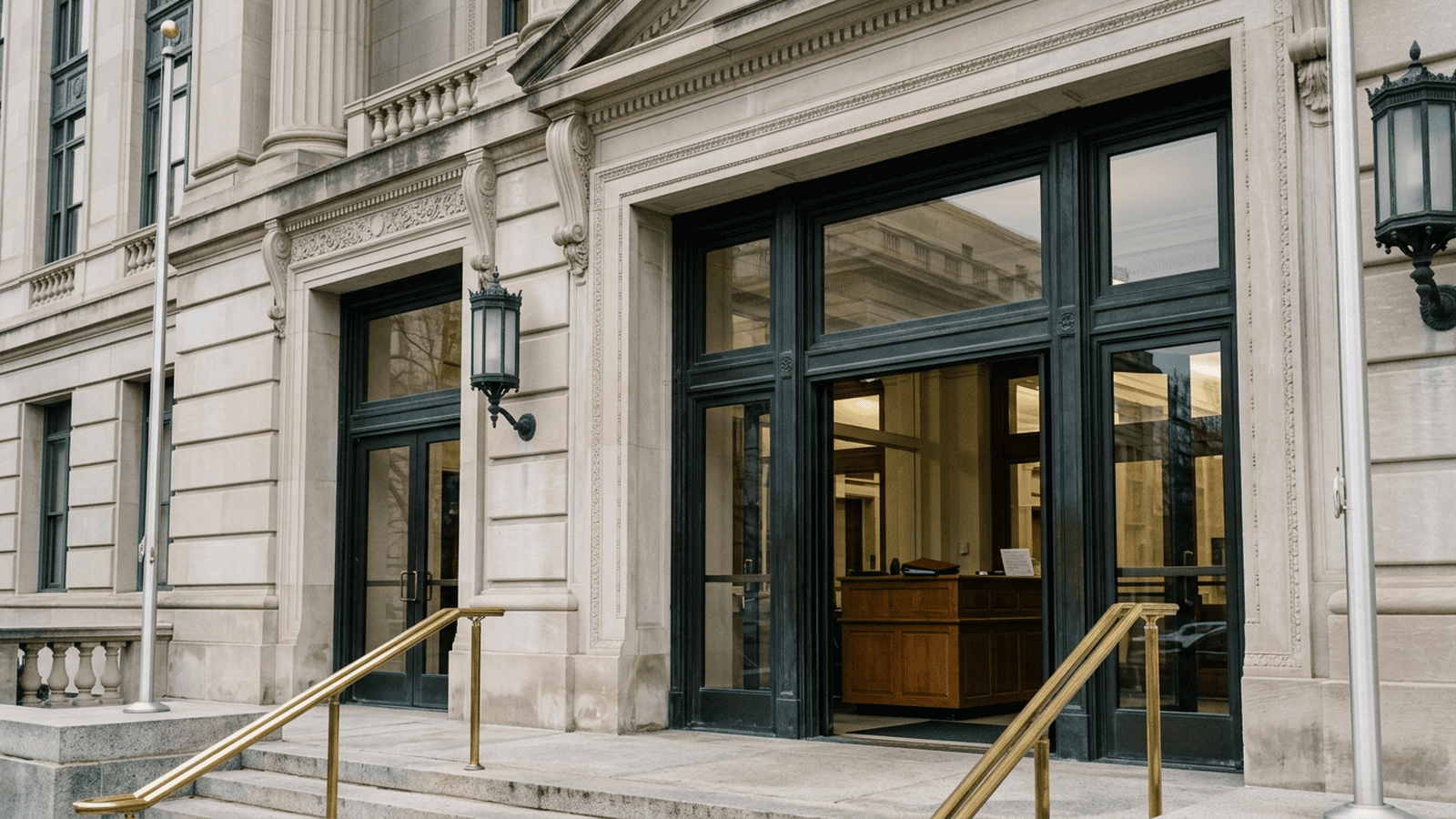 A secured government building entrance with a visitor desk and a folder on the counter.