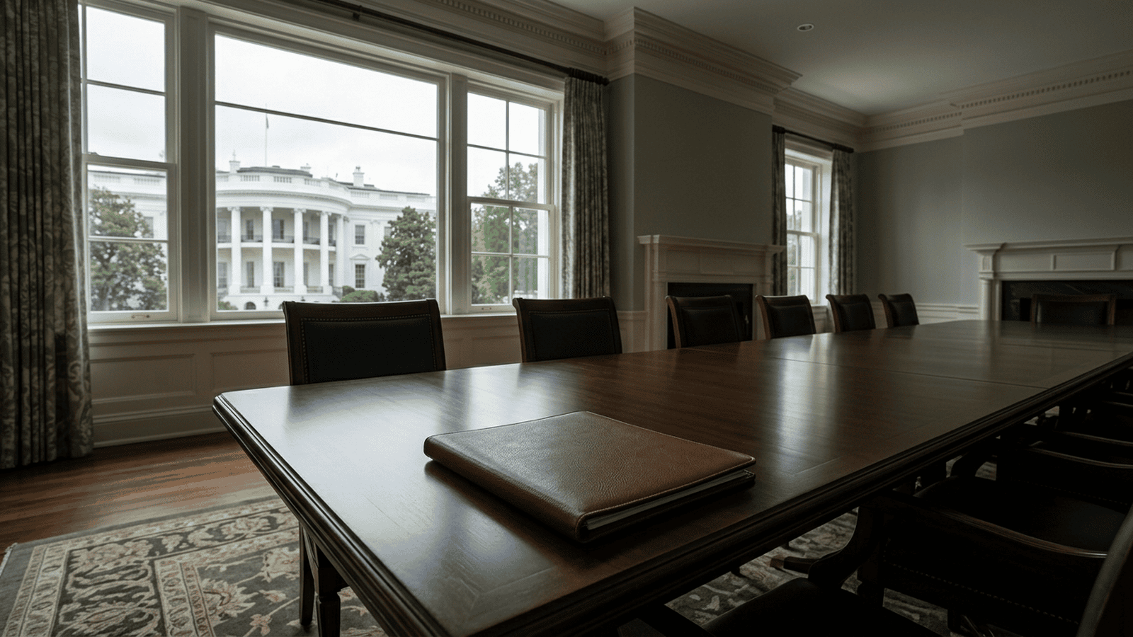 An empty government meeting room with a closed folder on a table and a government building visible through the windows.