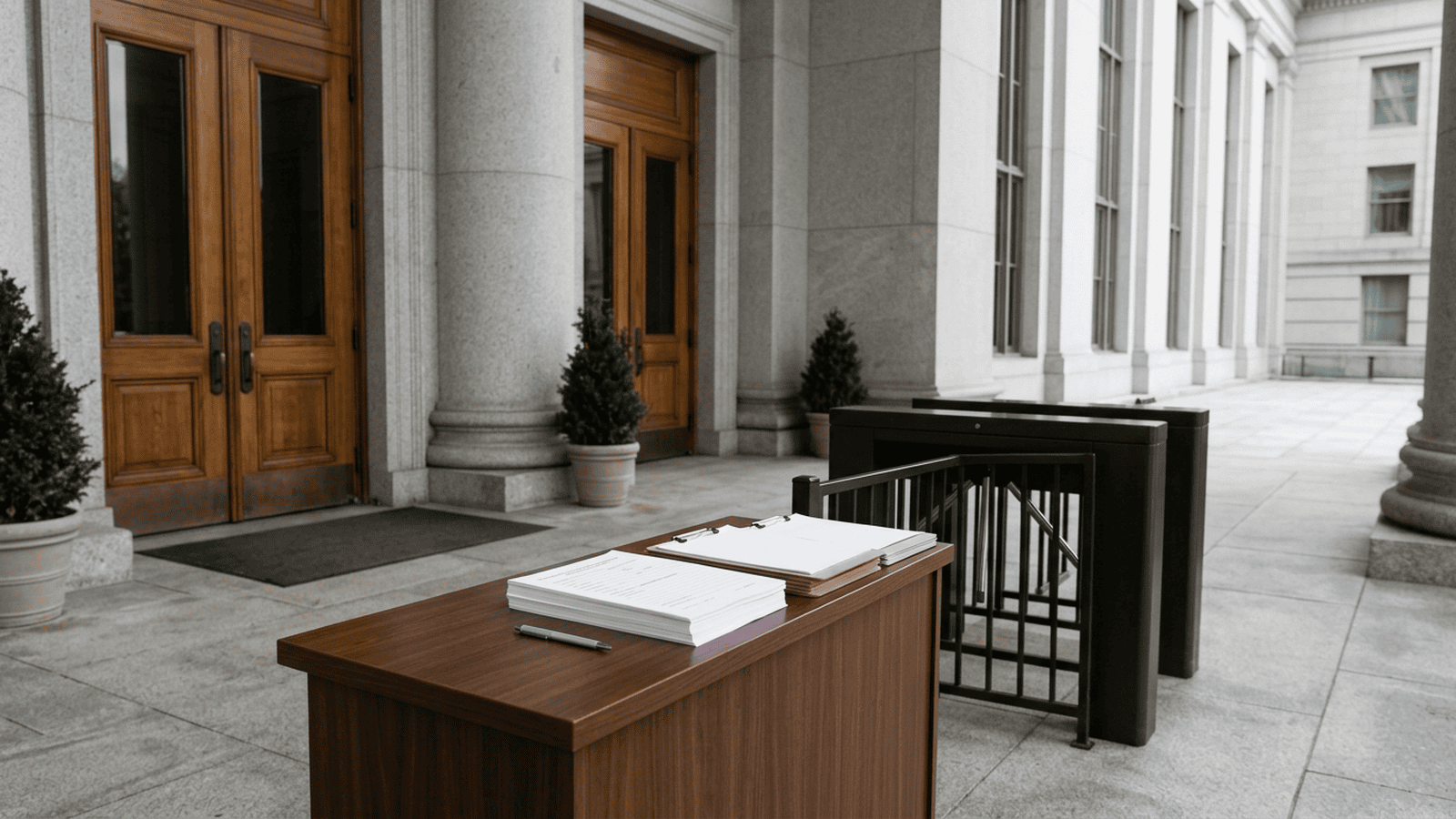 An empty government building entrance with a security checkpoint and visitor sign-in desk.