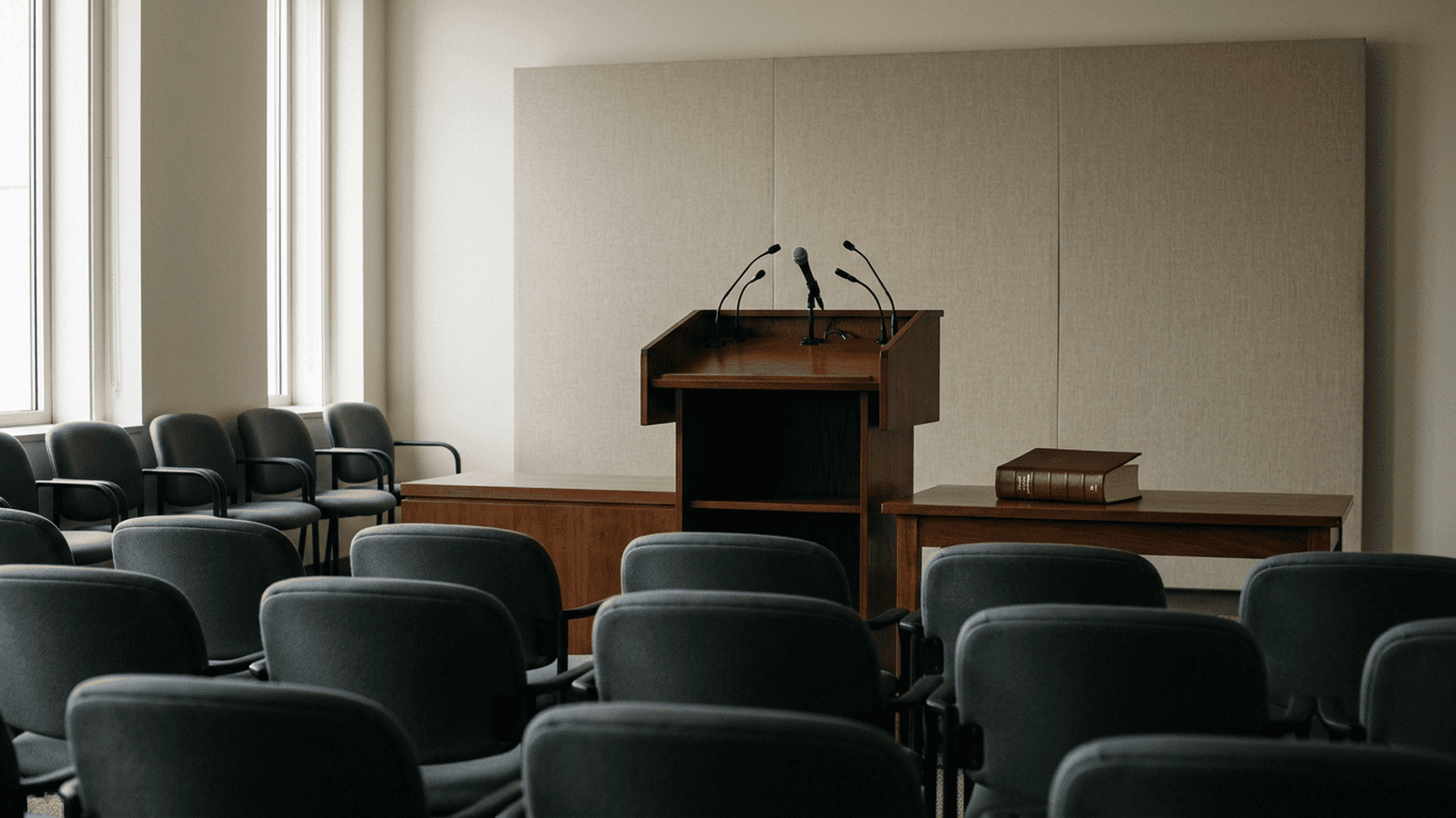 An empty press briefing lectern stands near a closed law book in a government room.