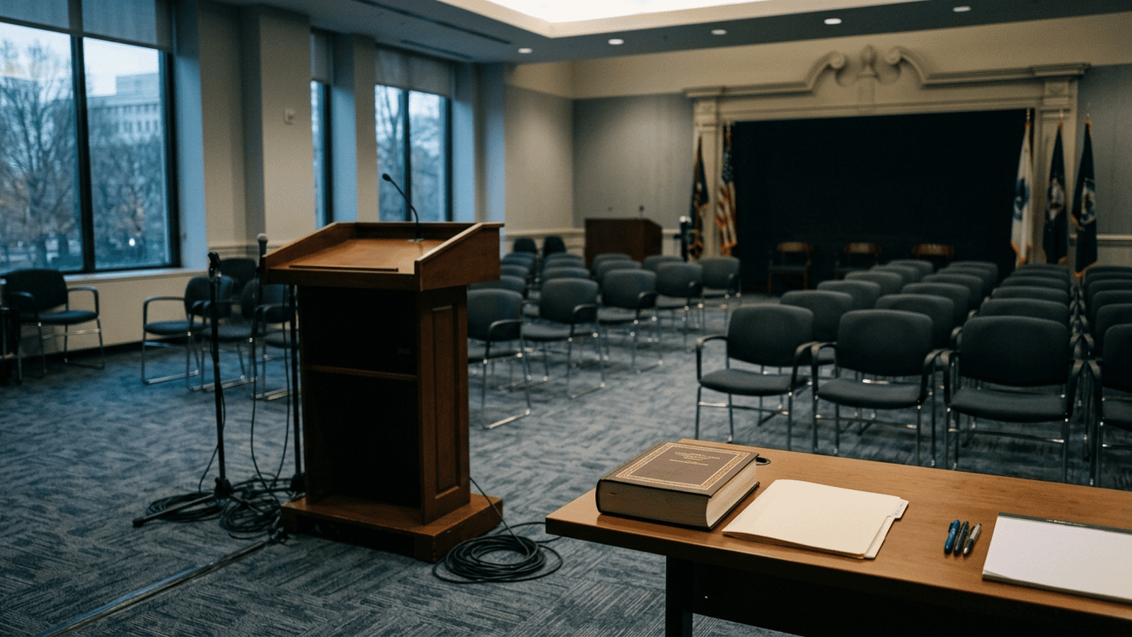An empty press briefing room with a law book and folder beside the lectern.