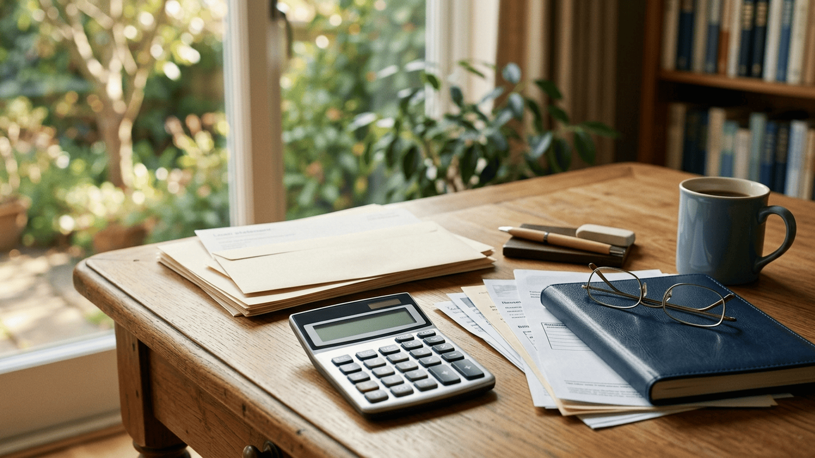A calculator and household finance papers sit on a desk beside reading glasses and a closed ledger.