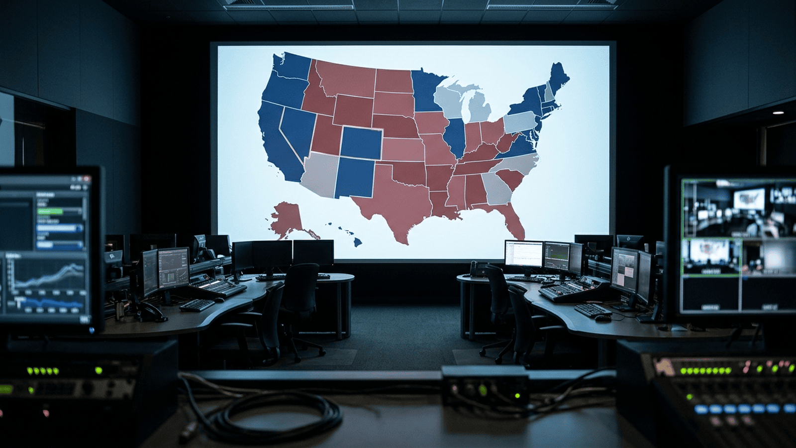 4de62263b8e5a389a09ddca6c4de0f62b92a2ad41acbc97aa498a934c8cec659 A large election map highlights competitive Senate states on a control-room screen.