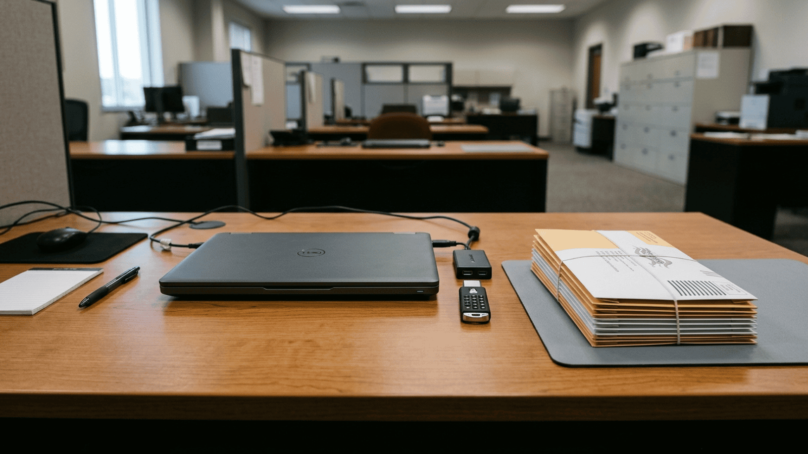A closed laptop and secure USB drive sit beside sealed ballot envelopes on an election office desk.