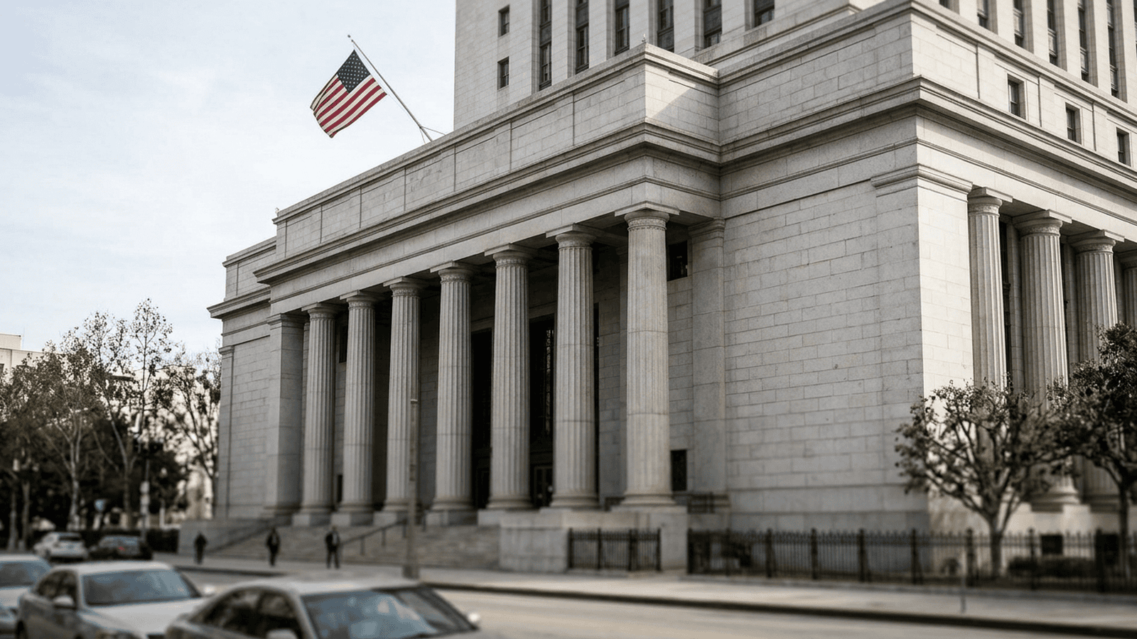 A federal courthouse exterior in Los Angeles with columns and a flag.