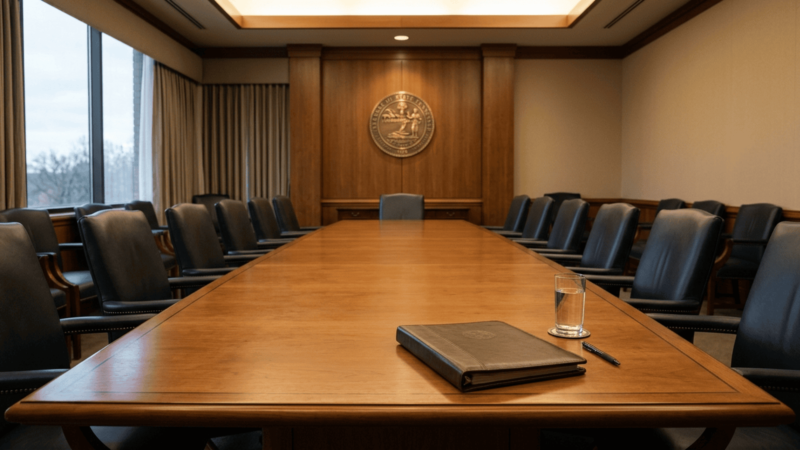 4fd1e43c18100c5df99f50c0f3be9e7dcd8c696e44f467917be4f6557000fbe6 An empty government conference room with a closed folder on a table.