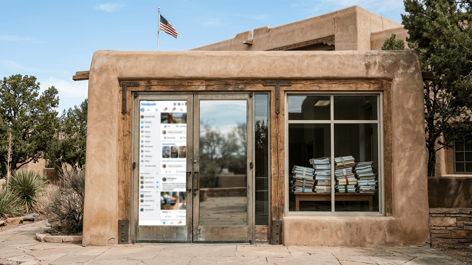 A New Mexico courthouse entrance reflects a blurred social media interface beside legal documents.